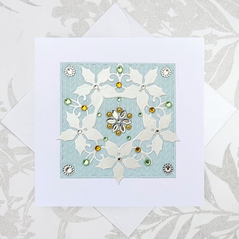 Christmas card - poinsettia wreath Christmas card faux jewels: sparkly