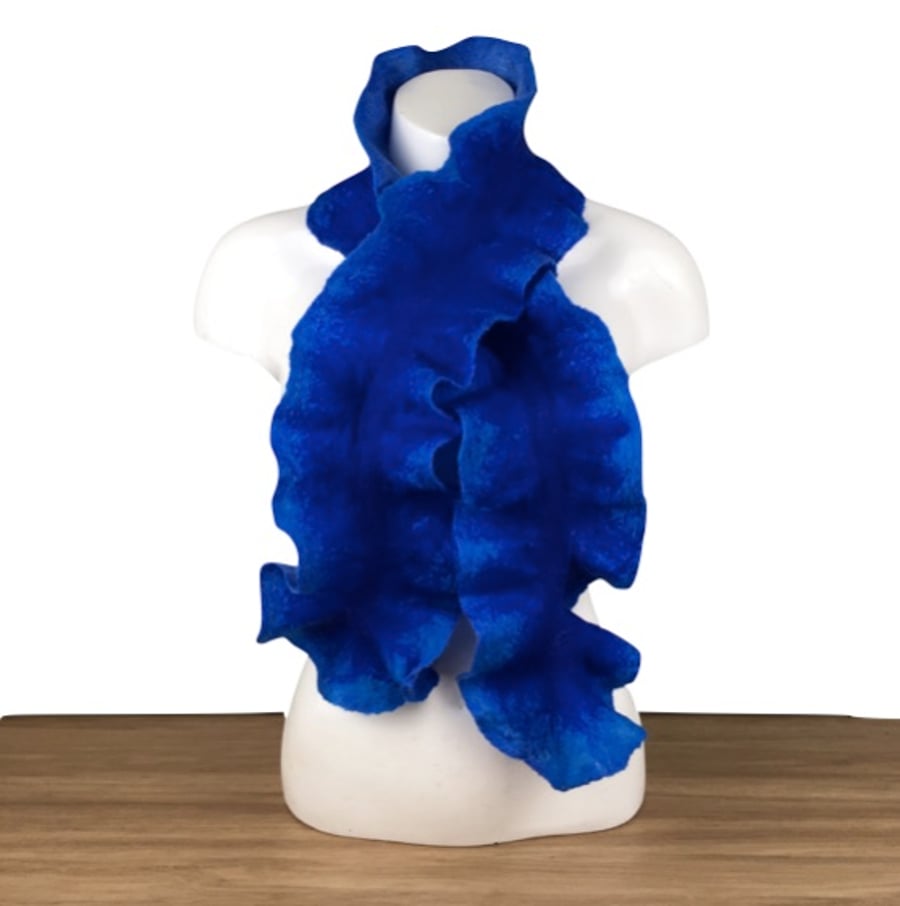 Seconds Sunday - Blue felted ruffle scarf, double sided 