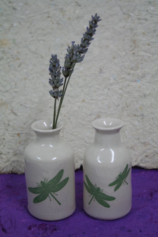 Stoneware bud vase with one or two dragonfly decorations