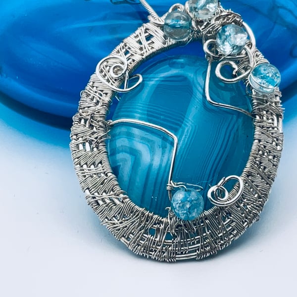 Beautiful duck egg blue banded agate wire wrapped cabochon pendant