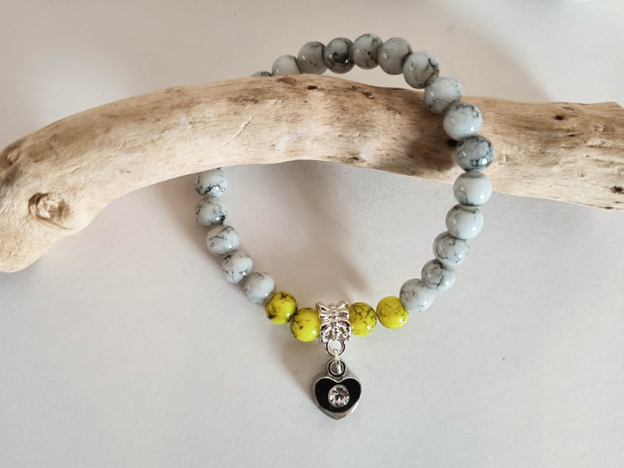 Grey and Yellow Stretch Bracelet with Silver Heart Charm