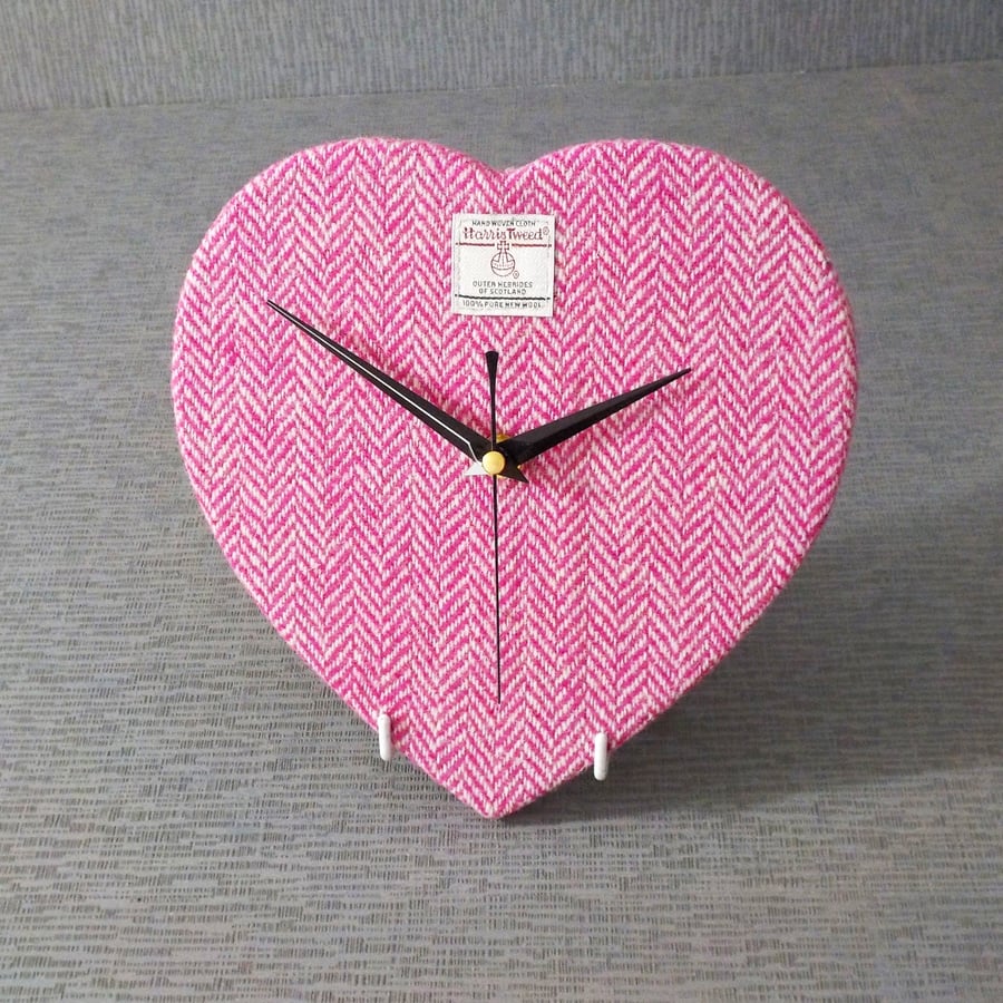 Harris Tweed heart clock pink and cream British wool fabric wedding gift