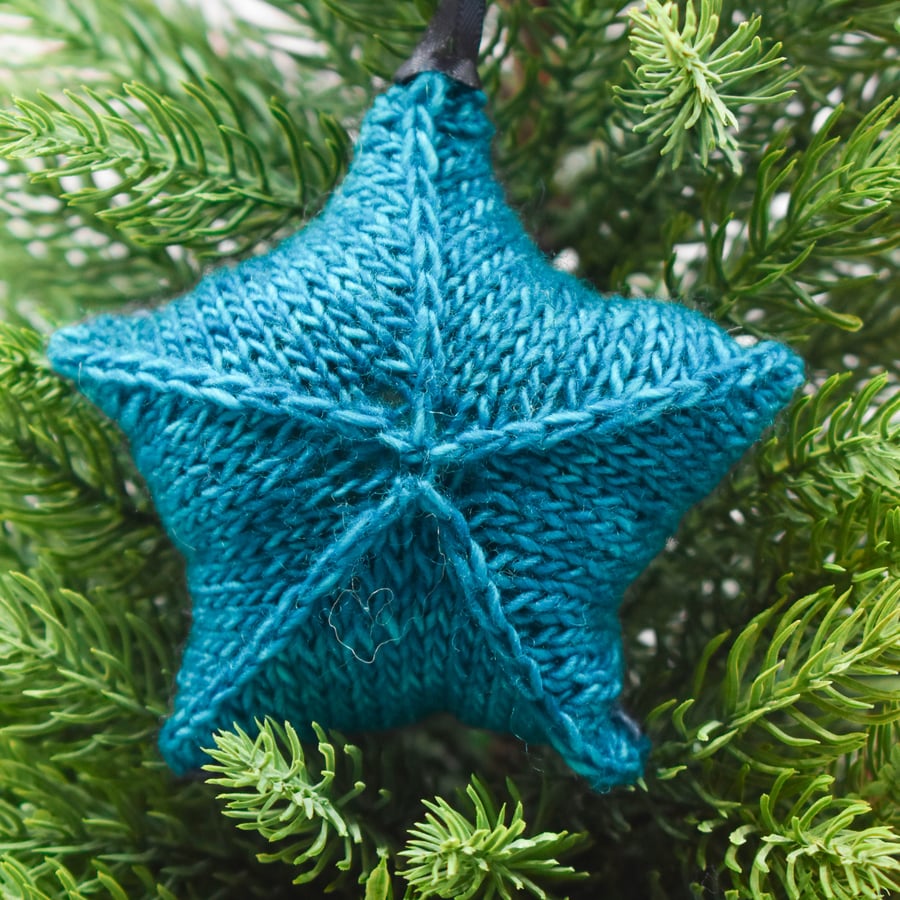 Hand knitted star - Plastic Free Christmas Decorations  - Blue and Grey