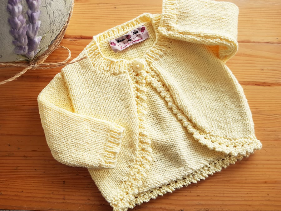 Hand Knitted Lemon Yellow Baby Cardigan 18"