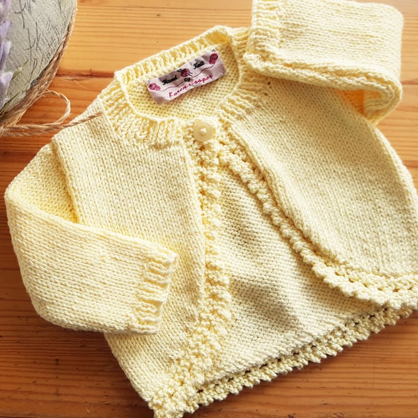 Hand Knitted Lemon Yellow Baby Cardigan 18"