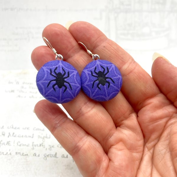 Black spider purple spider web fabric button dangle earrings