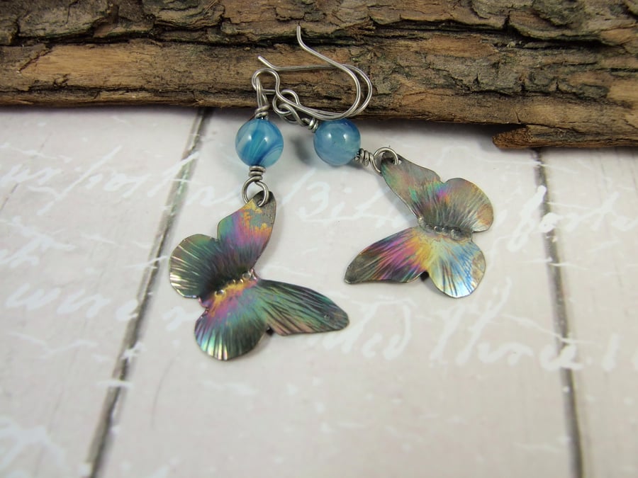 Earrings, Anodised Titanium, Aurora Butterfly Droppers with Teal Agate