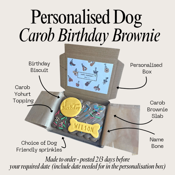 Personalised Dog Birthday Brownie treat box, Homemade iced carob brownie biscuit