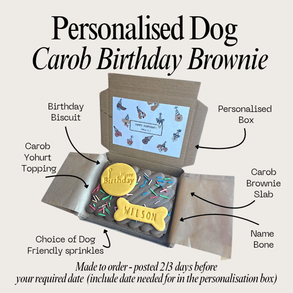 Personalised Dog Birthday Brownie treat box, Homemade iced carob brownie biscuit