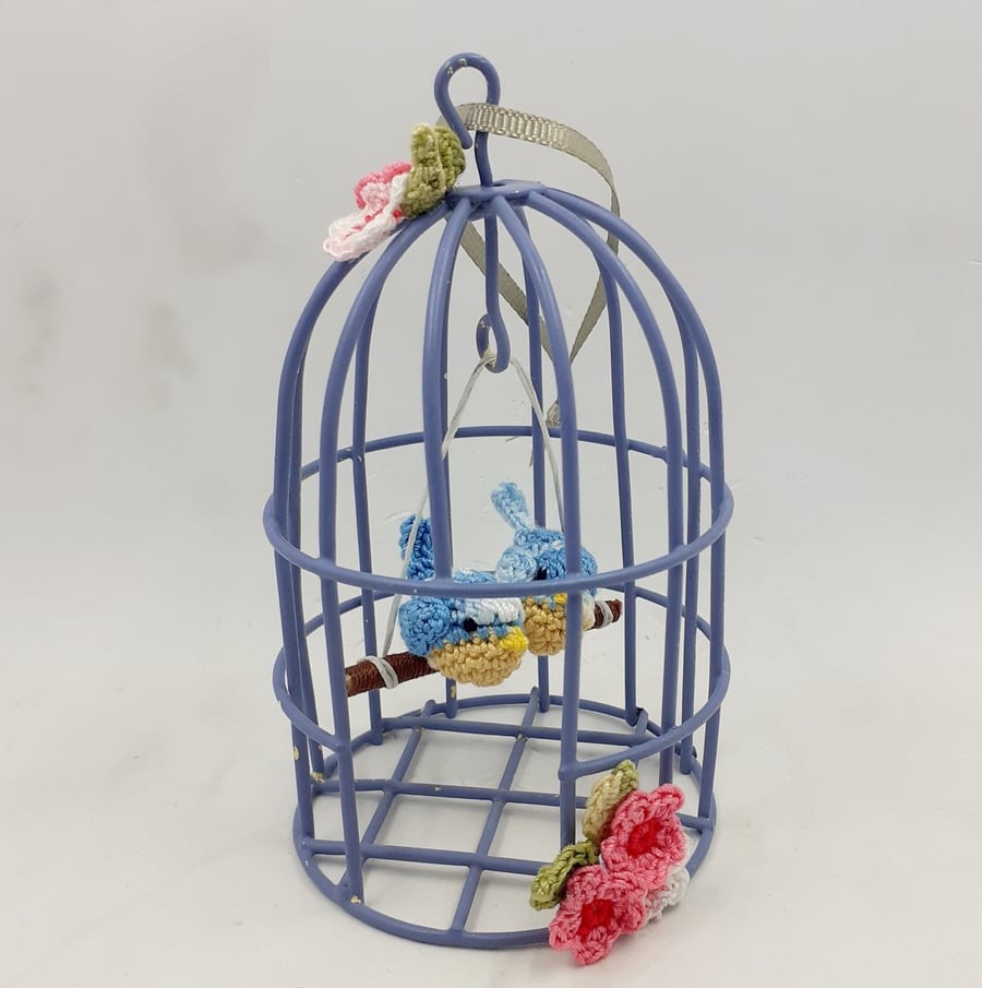 Metal Bird Cage Decoration with Crochet Birds