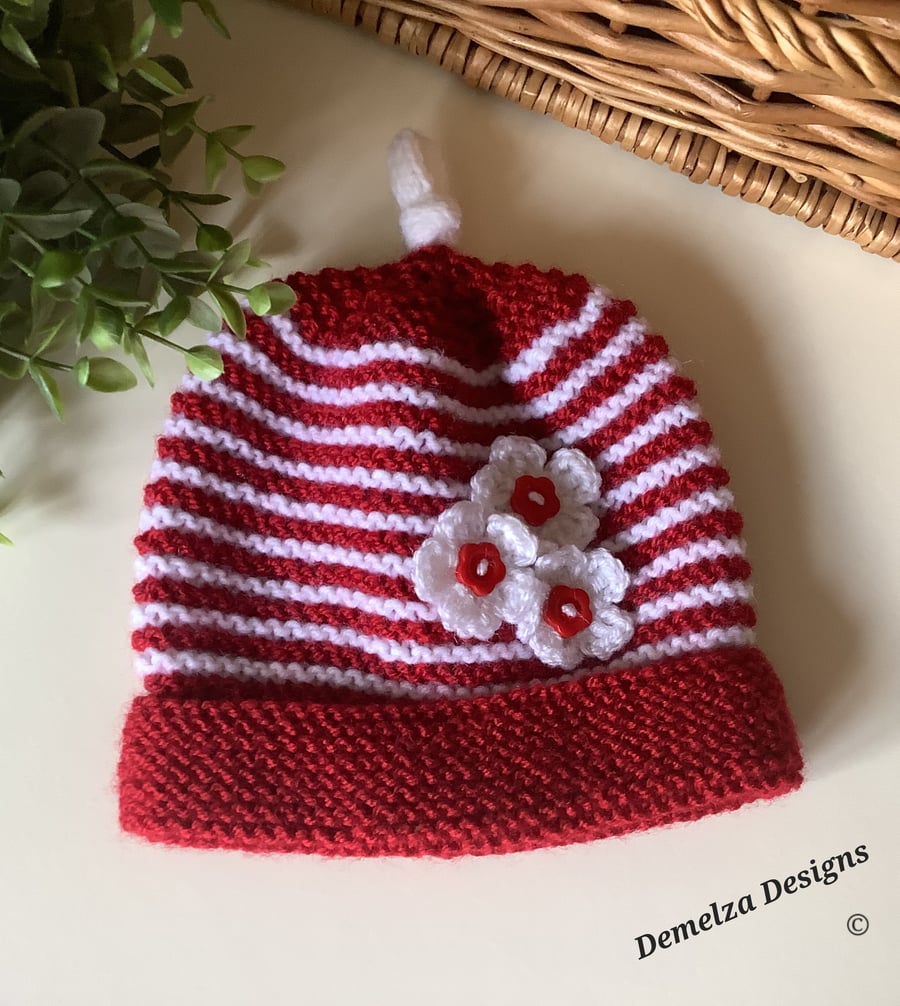 Girl's Hand Knitted  Red and White  Flower Hat 1 - 2 Years Size