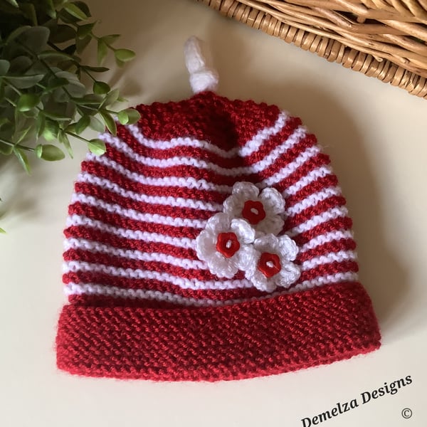 Girl's Hand Knitted  Red and White  Flower Hat 1 - 2 Years Size