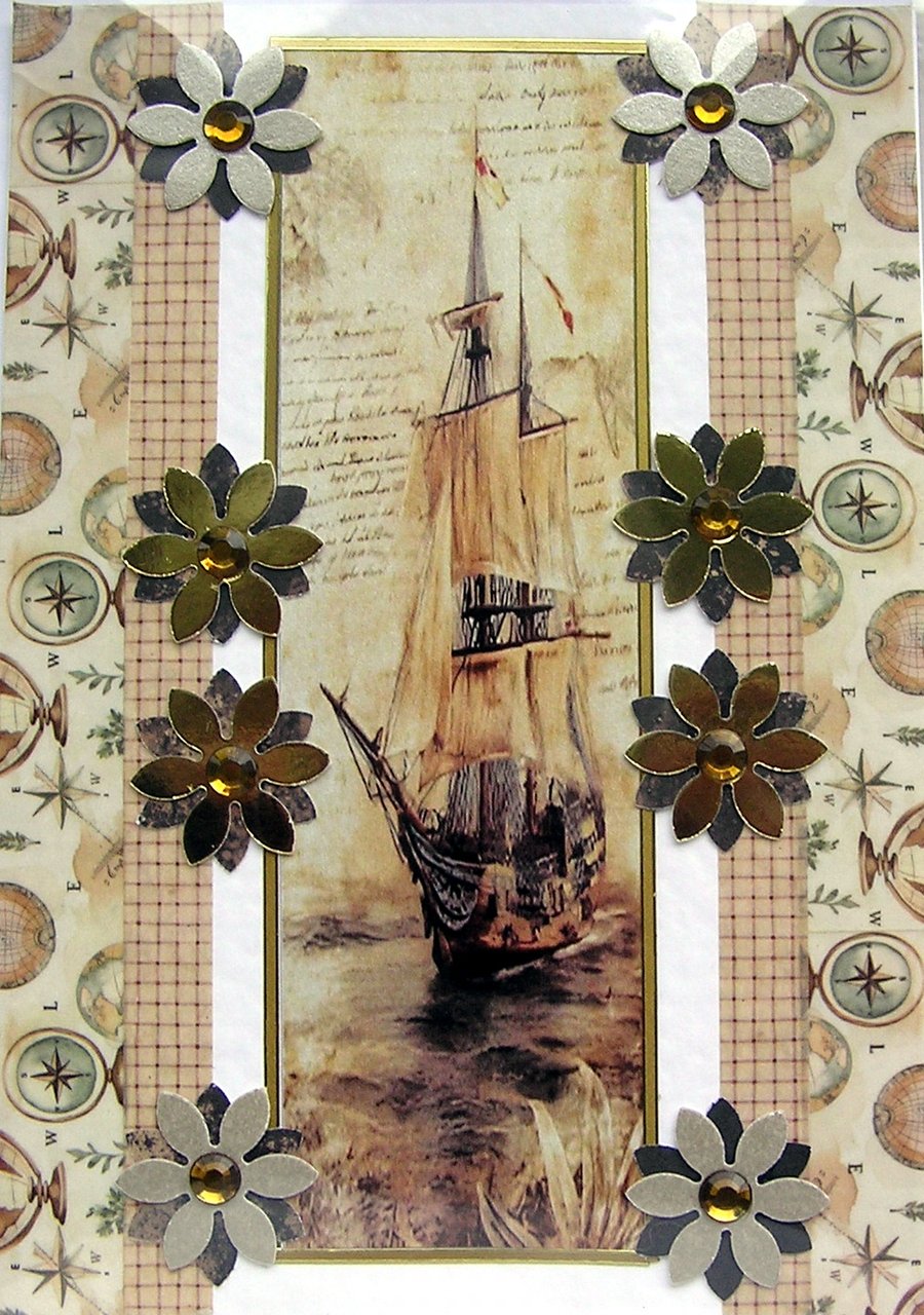Pirate Ship - Hand Crafted Decoupage Greeting Card - Blank - 3302
