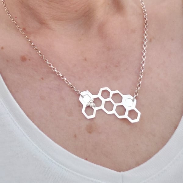 Sterling silver bee on honeycomb necklace