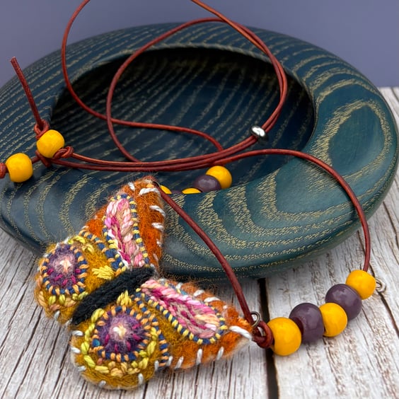 Bead and Felted Butterfly BoHo style Necklace - Orange and Yellow Butterfly