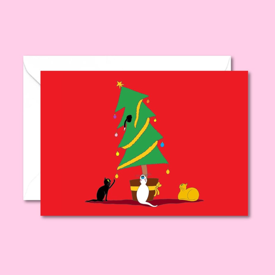 Funny Cat Christmas Card & Envelope: Festive Kittens First Xmas Tree