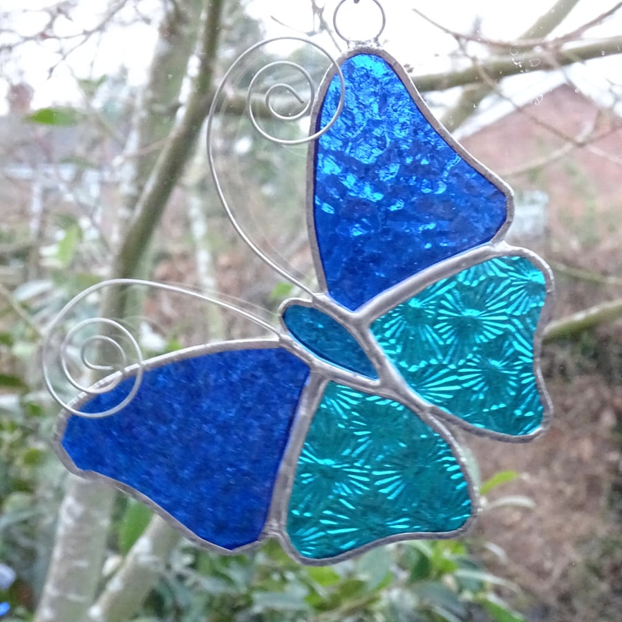 Stained Glass Butterfly Suncatcher - Blue and Turquoise 