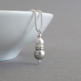 Silver Pearl and Crystal Pendant Necklace - Light Grey Bridesmaids Jewellery