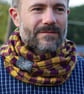Hand woven unisex check cowl in yellow and purple with an embroidered dragonfly - Image 6