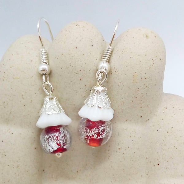 Flower Bead with a Silver Bead Cap & Clear Glass Bead with Red and Silver Centre