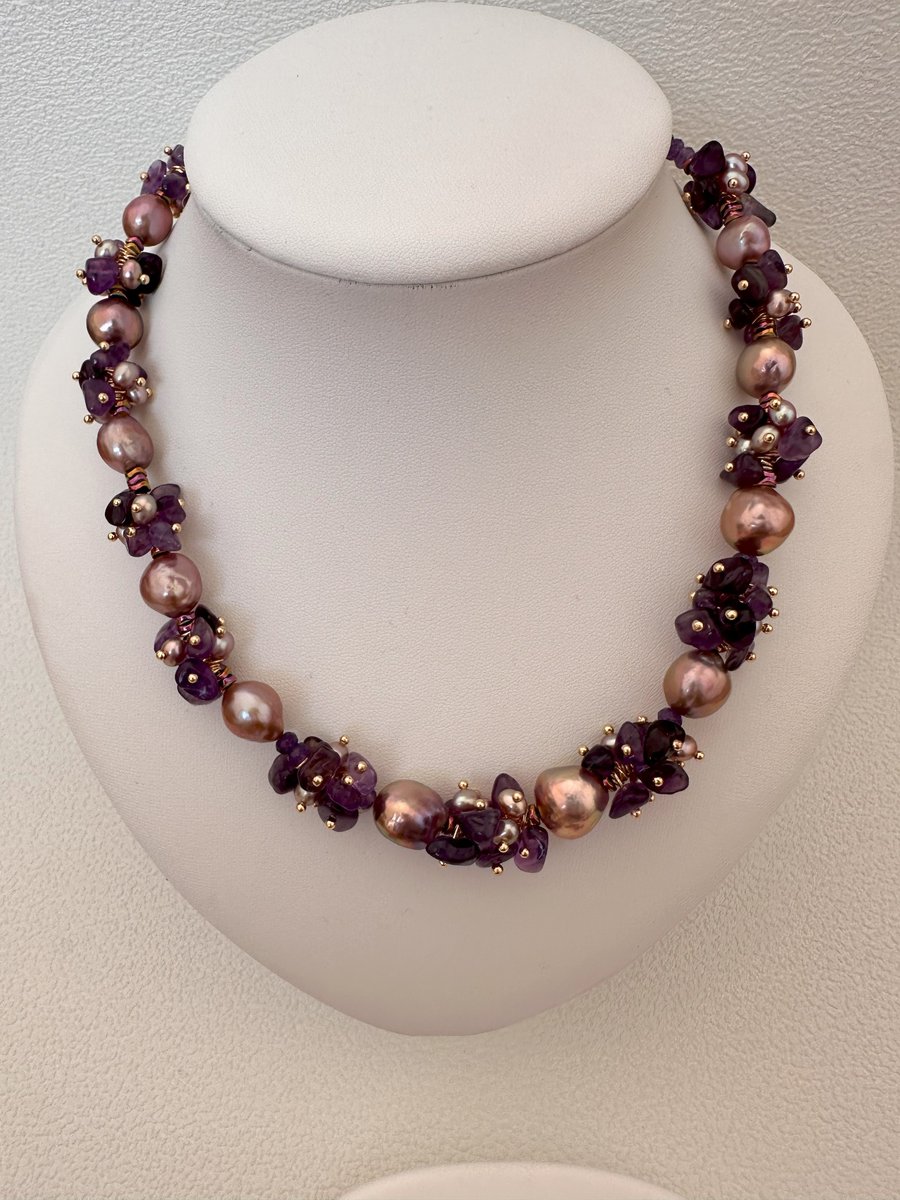 Natural Purple Metallic Overtone Freshwater Baroque Pearl and Amethyst Necklace