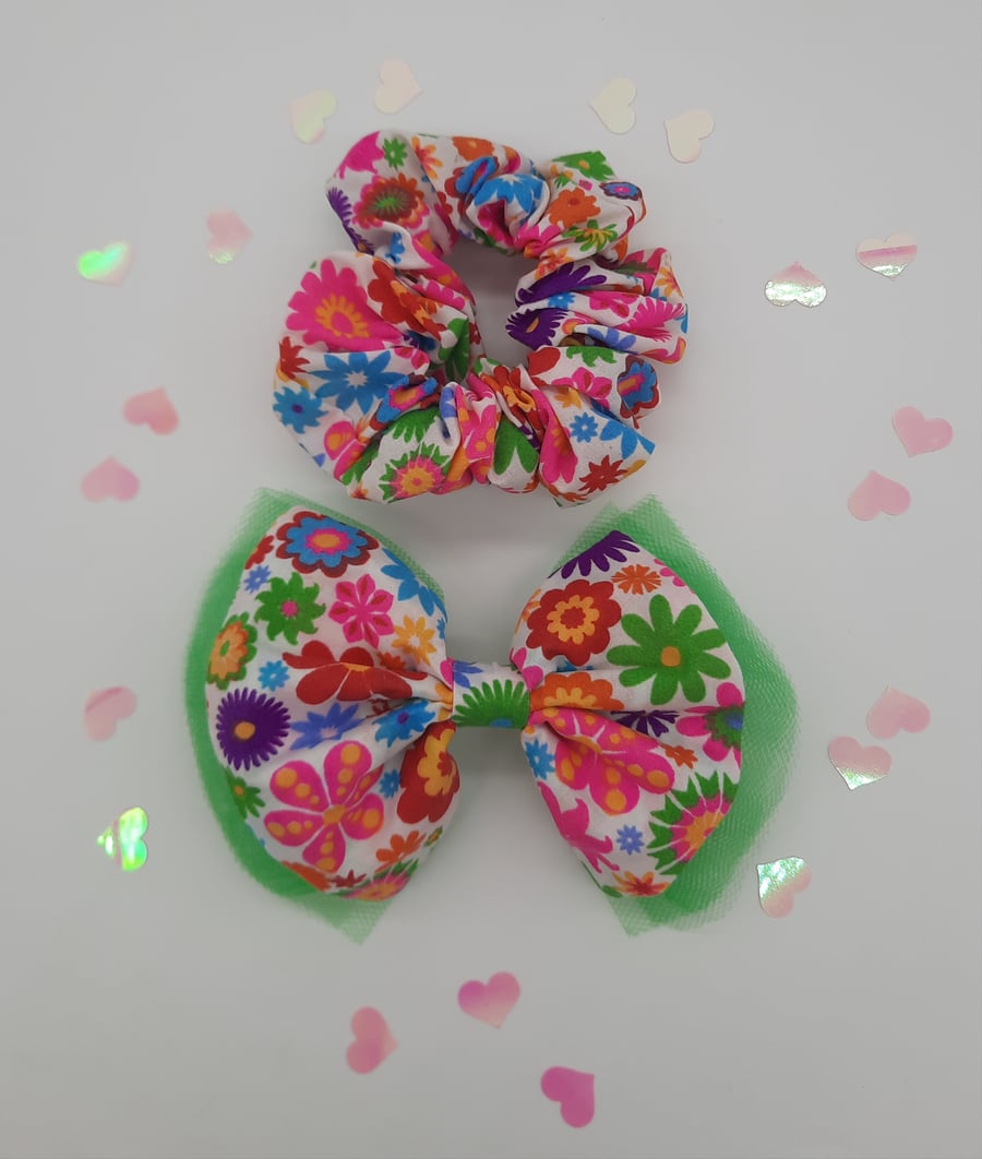 Flower power clip on hair bow and scrunchie set.  