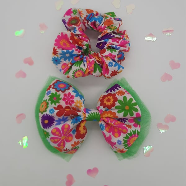 Flower power clip on hair bow and scrunchie set.  