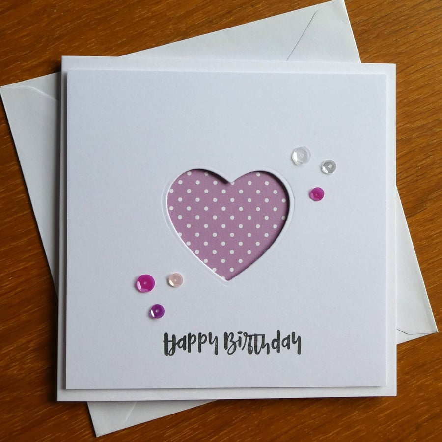 Birthday Card - Dusky Pink and White Polka Dot Heart Aperture