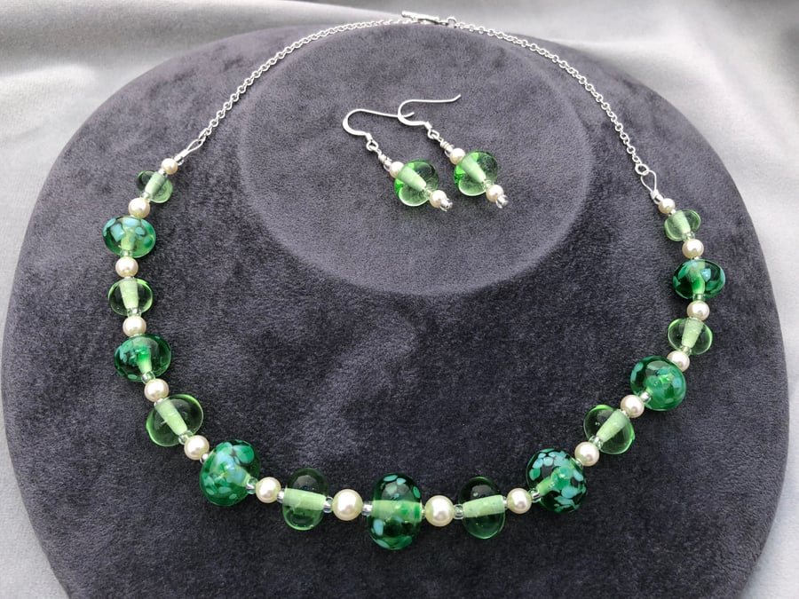 green spotty lampwork glass beaded necklace and earring set