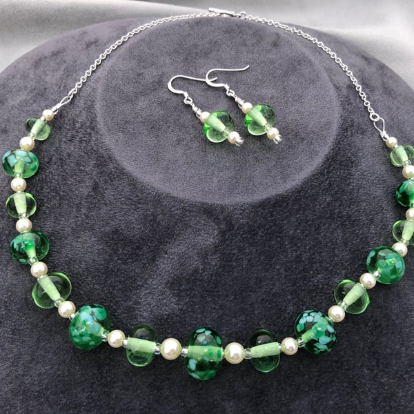 green spotty lampwork glass beaded necklace and earring set