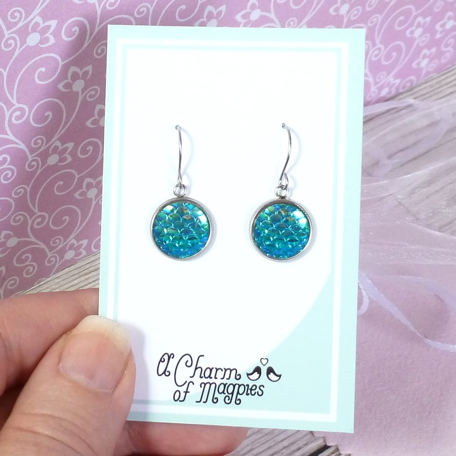 Turquoise iridescent mermaid earrings, shimmering bright dangle earrings