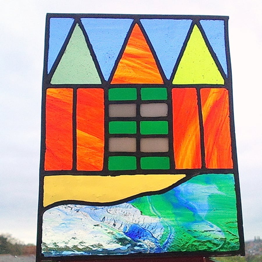 Beach Huts Stained Glass Panel