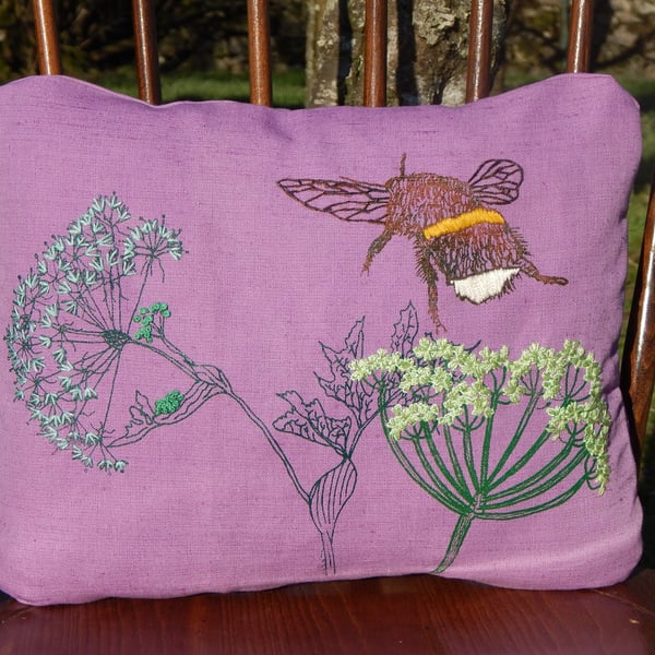 Lilac - Screen printed Bee and wild flower cushion 