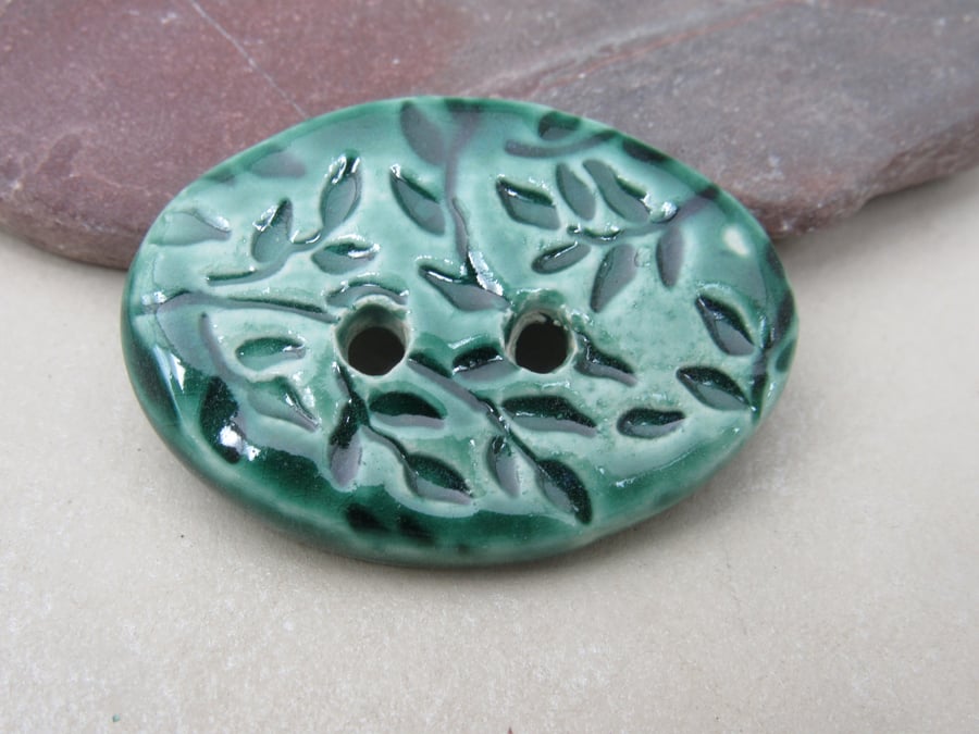 Large Emerald Green Sprig Oval Handmade Ceramic Button