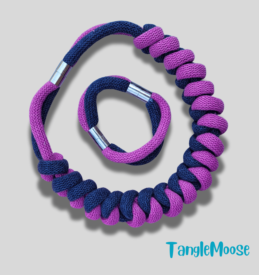 Handmade Two-Tone Necklace & Bracelet Set – Pink and Navy Recycled Cotton