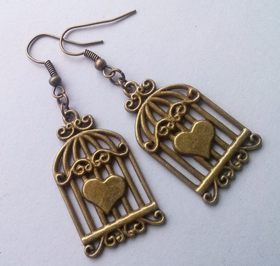 Bronze Birdcage Bird Cage Heart Drop Dangle Charm Earrings