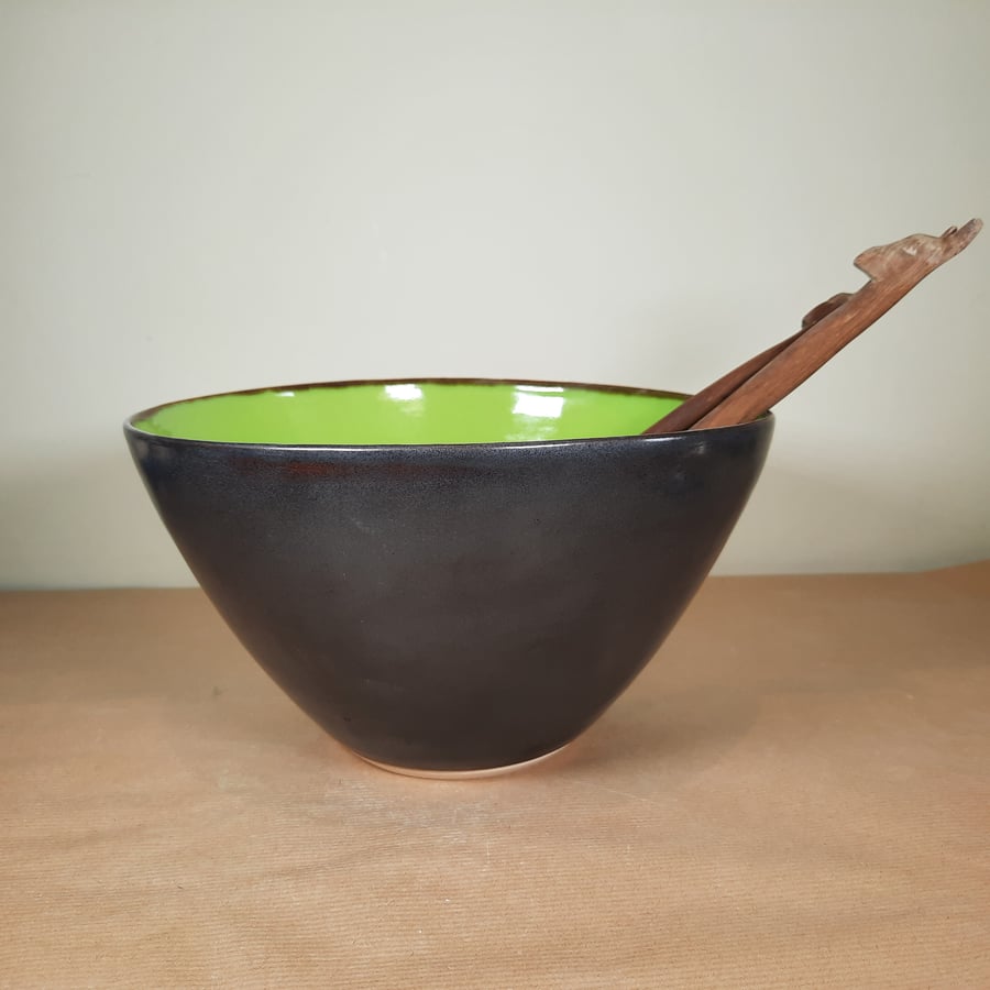 Extra large lime green and charcoal ceramic salad