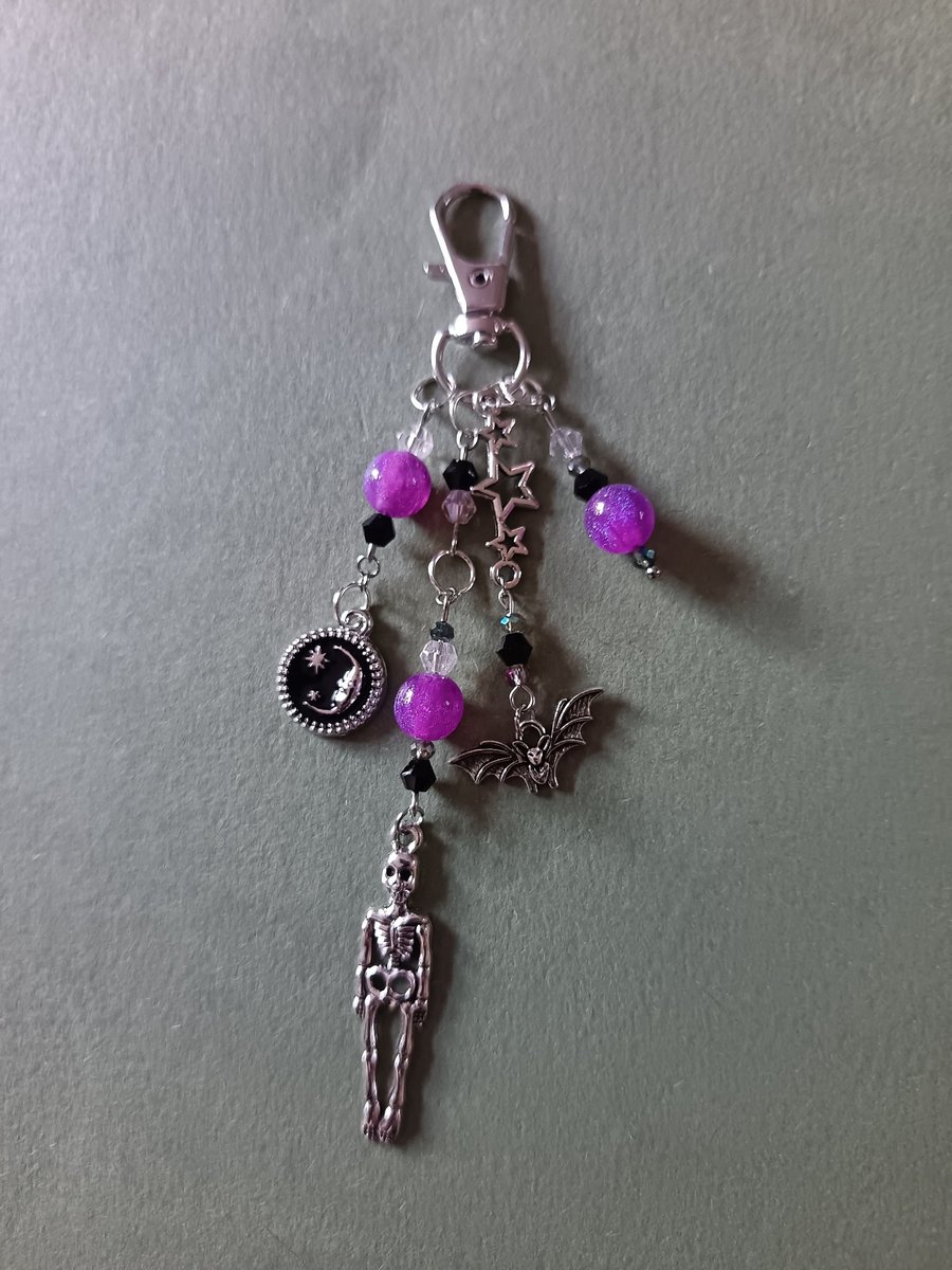Gothic beaded bag charm with skeleton, bat, stars and moon 