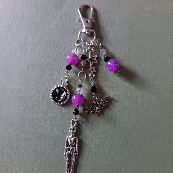 Gothic beaded bag charm with skeleton, bat, stars and moon 
