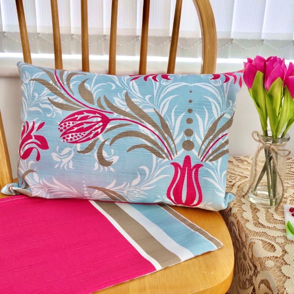 Blue Floral Stripe Reverse oblong Decorative Feature Cushion, Throw Pillow