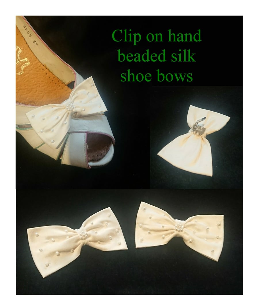 Handmade Ivory silk wedding shoe bows with pearl beads