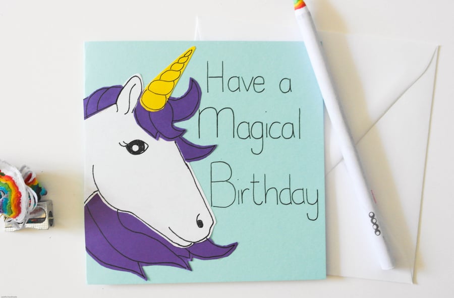 Unicorn birthday card, Handmade birthday card for a friend, Unicorn card
