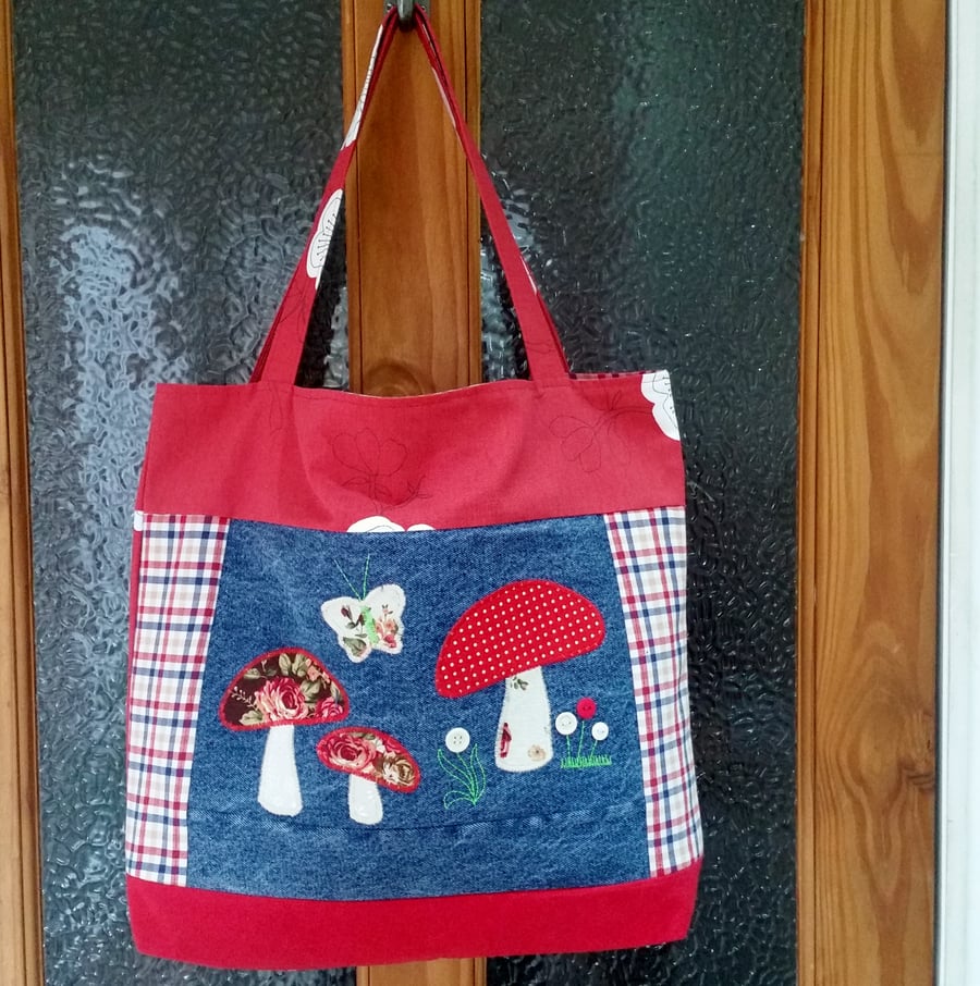 Recycled Toadstool Bag, Upcycled Denim Shopping Bag, Mothers Day Gift