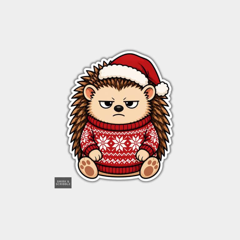 Funny Christmas Sticker Vinyl Xmas Decal For Adults - Grumpy Hedgehog Sitting 