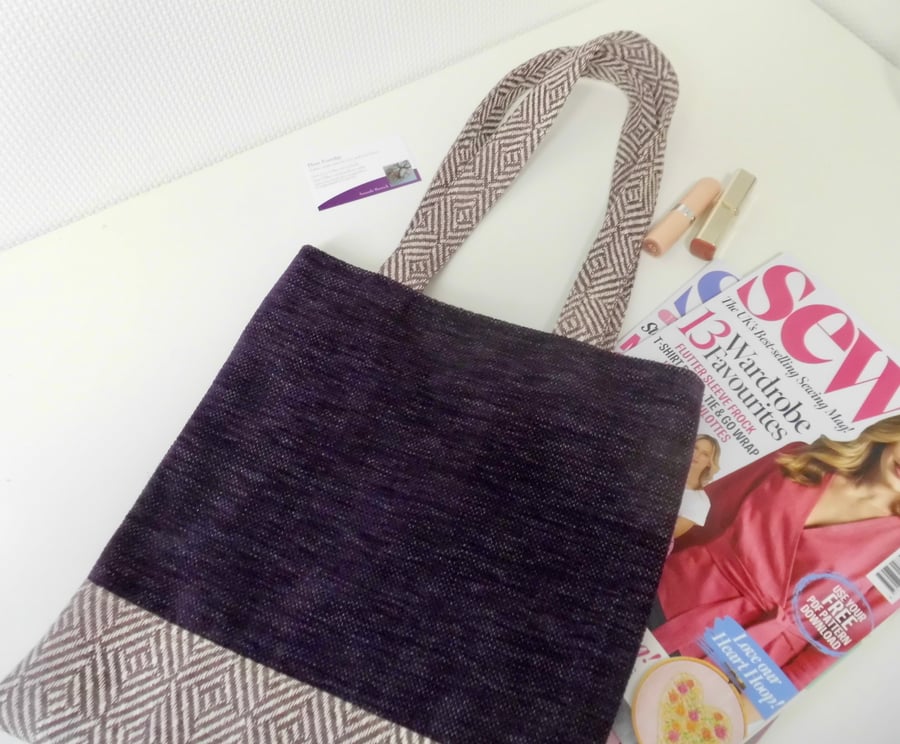 SOLD bag with long handles in purple fabric 