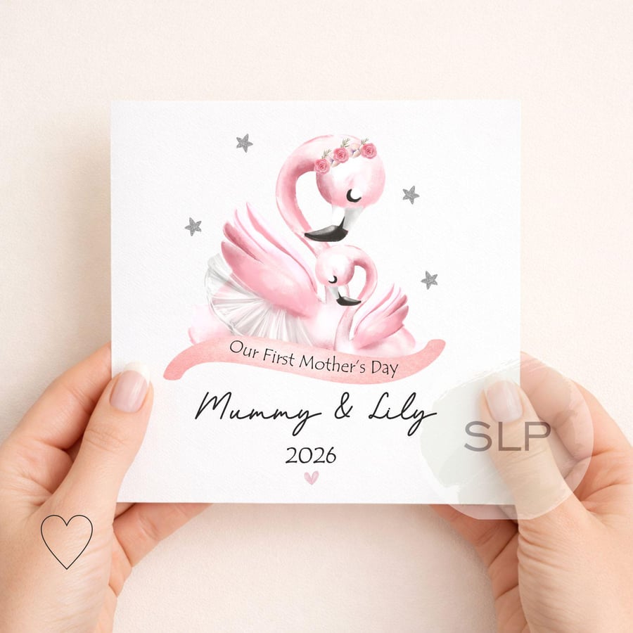 Our First Mother's Day Flamingo Card Personalised, Mummy and Me Card