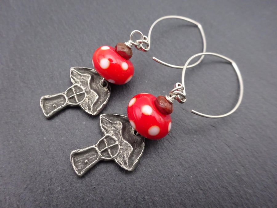 lampwork glass red polka dot earrings, sterling silver jewellery toadstool