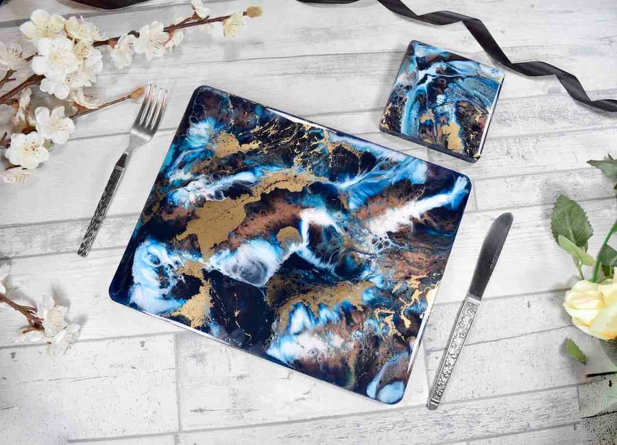 Set of 2 Blue, Gold and Bronze Resin Art Placemats Dinnerware Table Mats