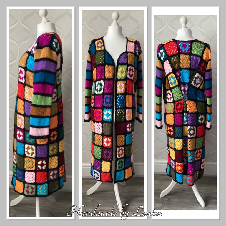 Multicoloured Long crocheted granny square cardigan