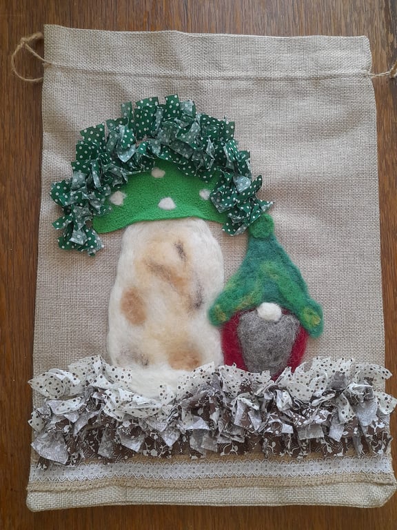 Rag Rug Drawstring Bag with Needle Felting Mushroom and Gnome Design